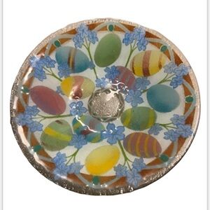 Peggy Karr Easter Egg Fused Art Glass Bowl Colorful Eater Eggs Blue Pink Green